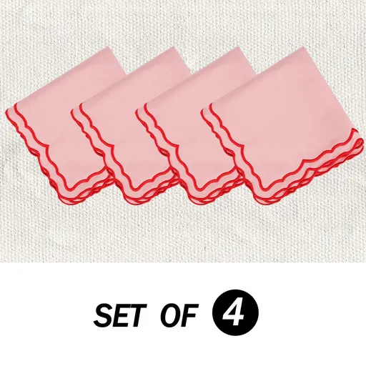 Scalloped Embroidery Cloth Napkins Set of 4 Cotton Napkins for Potluck Party Wedding Table Decor (Square Pink )