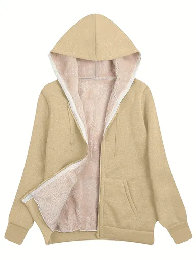 Fleece-Lined Hooded Jacket Women'S Winter Jacket Autumn Winter Coat Hooded - Khaki - Size L(AU L/EU50)
