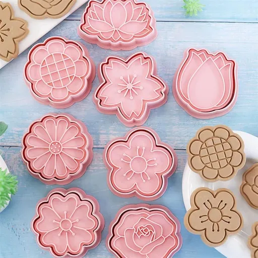 Flower Shaped 3D Plastic Cookie and Cake Molds Set of 8, Press Type Baking Tools for Making Petal Shaped Cookies, Cupcakes, and Chocolates, Reusable Household Molds
