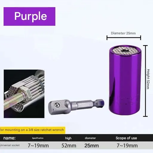 Purple Universal Socket Set 7-19mm - Steel Construction - Multi-function Magic Socket, Colorful Design, Lightweight 130g, Compatible with Power Drills, Versatile Tool for Home & Auto Repair