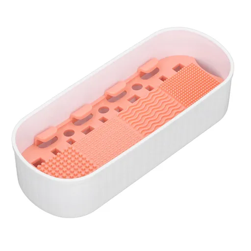 3 in 1 Silicone Makeup Brush Cleaner Mat Box Cosmetic Brushes Cleaning Tool Organizer with 8 Brushes for Cleaning Storage Drying White