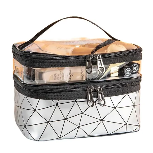 Clear Makeup Bag Large Double Layer Clear Makeup Pouch Waterproof with Handle and Divider Clear Cosmetic Bag (Silver Gray)