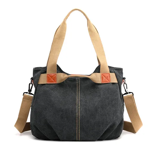 Black Women's Retro Canvas Tote Bag Large Capacity Shoulder Handbag Adjustable Crossbody Strap 35cm for Travel Work & Daily Use