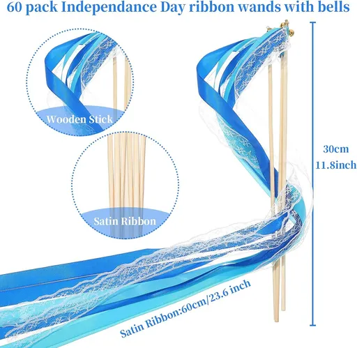 60 Pieces Lace Ribbon Stick Wands with Bells Party Streamers with Bells Silk Fairy Stick Wand Streamers (Blue)