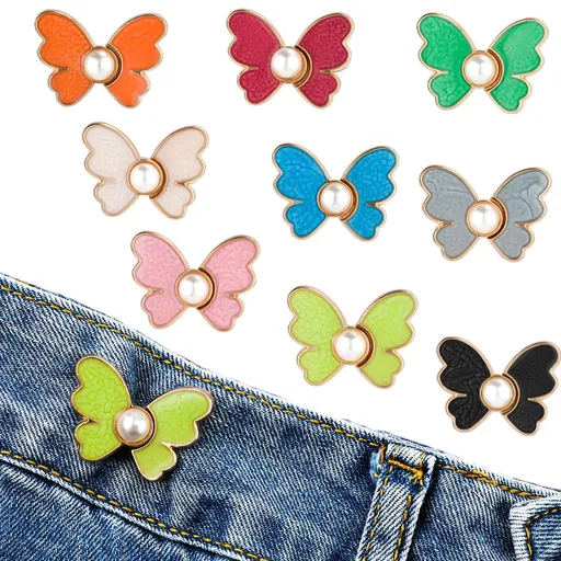 9 Pairs Butterfly Pants Button Tightener, Colorful Adjustable Waist Buckle Detachable Pearls Jeans Button Extender
