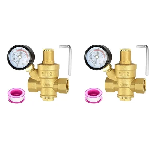 Water Pressure Regulator Adjustable 1/2 Inch Brass with Gauge Gold