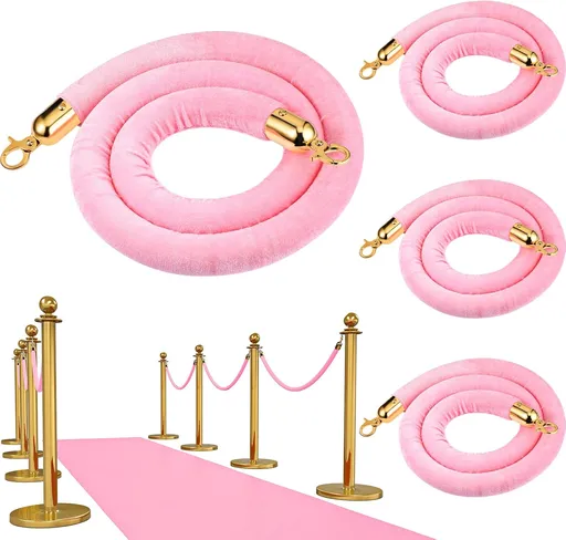 4 Pieces Pink Velvet Stanchion Rope 5 Feet Ropes with Gold Clasps for Party Hotels Wedding Movie Theaters Grand Openings Crowd Control Barrier Supplies -