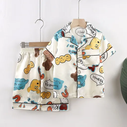 Beifujia Kids Ice Silk Cartoon Pajamas Set 2131-ice silk beige puppy home clothes 160cm
