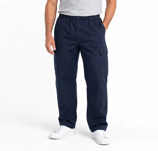 Mens CARGO PANTS Trousers Elastic Waist 100% COTTON Army Military PLAIN Casual - Navy