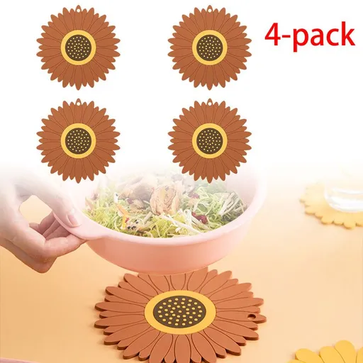 4-Pack - Sunflower-Shaped PVC Heat-Resistant Placemat, Non-Slip Trivet for Bowls, Pots & Cups - Brown