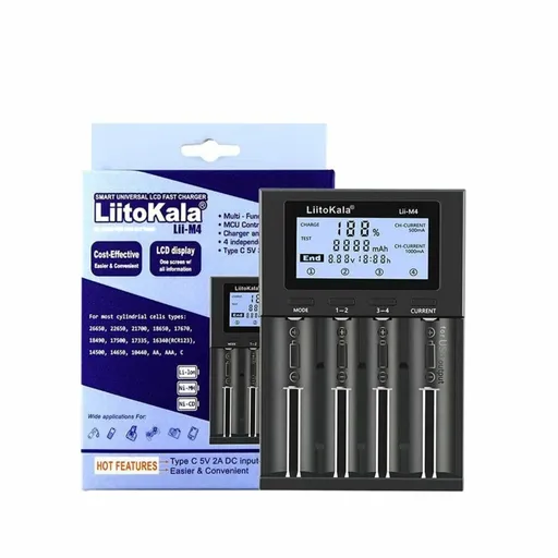 Li-ion Battery Charger 4-Slot Smart LCD USB Type-C for 18650 AA AAA