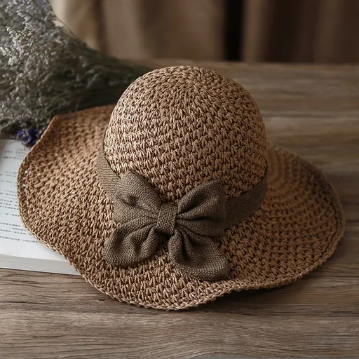 Brown Hand-Woven Paper Straw Sun Hat with Elegant Bow Knot (Wide Brim Style) - Women's Foldable Wide Brim Dome Beach Bucket Hat