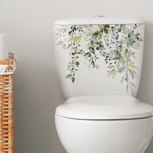 Green Plant Leaves Flowers Toilet Stickers Self-Adhesive Toilet Lid Stickers Bathroom Wall Sticker Toilet Cover Decor Decal