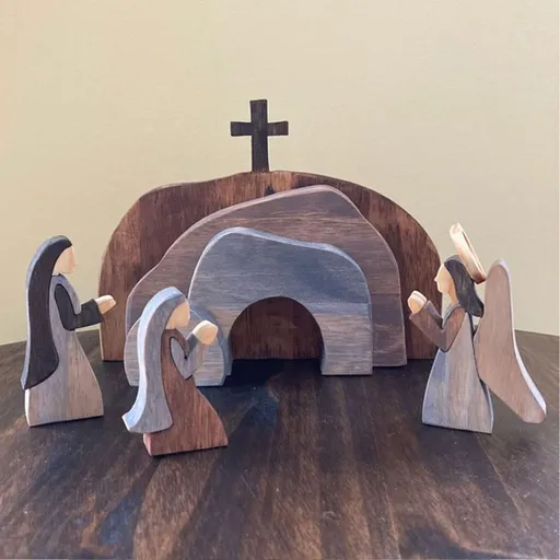 Easter Resurrection Scene Set,Wooden Empty Tomb Cross Figures Easter Tabletop Scene Decor,Jesus Resurrection Set for Easter