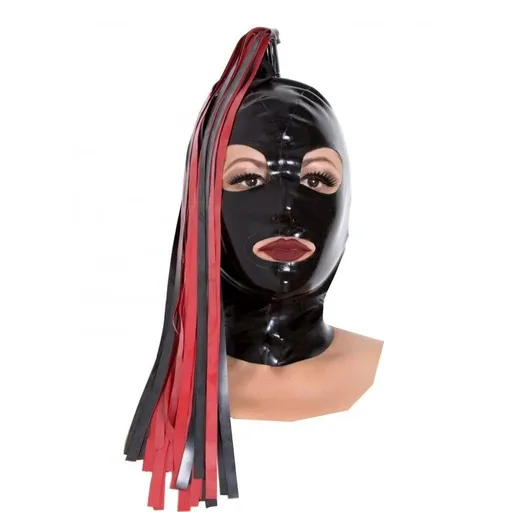 House Of Dasein Latex Fetish Hood Unisex Black Red Tassells - Black - L