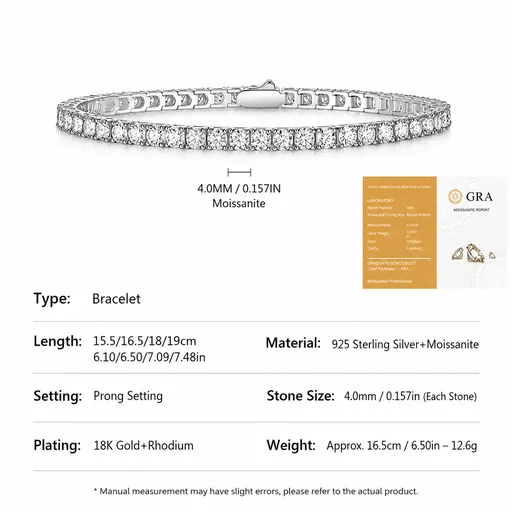 Elegant Moissanite Tennis Bracelet in 925 Sterling Silver with 18K Gold and Rhodium Plating, Featuring Certified Sparkling Stones for Daily Wear and Formal Occasions, Available in Multiple Lengths and Stone Sizes (4.0mm, 19cm（7.48in）)