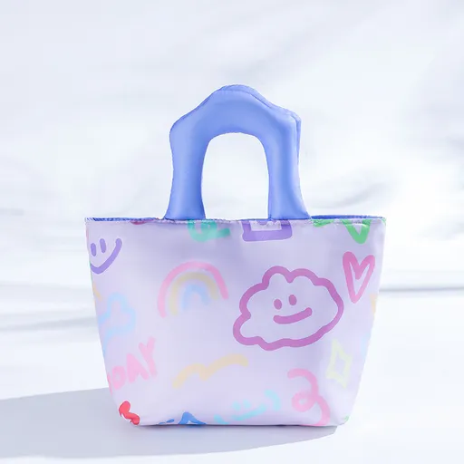 Purple Insulated Lunch Bag – Multi-Color Printed Tote with Padded Handle for Students & Office Workers