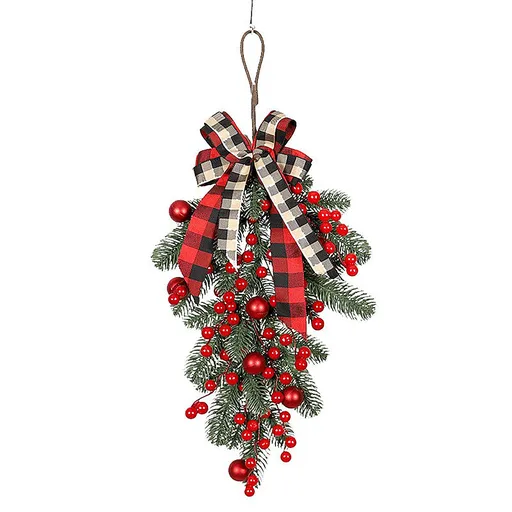 Xmas Teardrop Swags Winter Rustic Artificial Hanging Garland Greenery with Pine Cones Bow Red Berries for Wall Door Decor