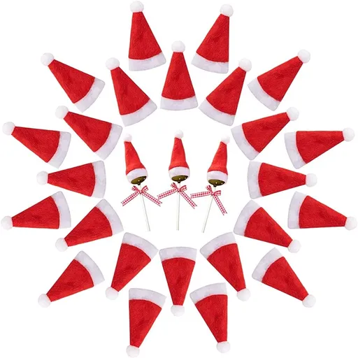 30pcs Mini Santa Hats- Christmas Lollipop Hat for Crafts- Mini Santa Claus Hat Wine Bottles Cover for Christmas Silverware Holders Table Dinner Decorations