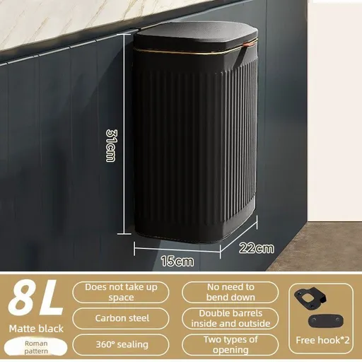 8L Wall Mounted Press Rubbish Bin, Slim Under Sink Hanging Waste Bin, Press Lid Trash Can for Kitchen Bathroom, Space Saving Cabinet Bin-Black