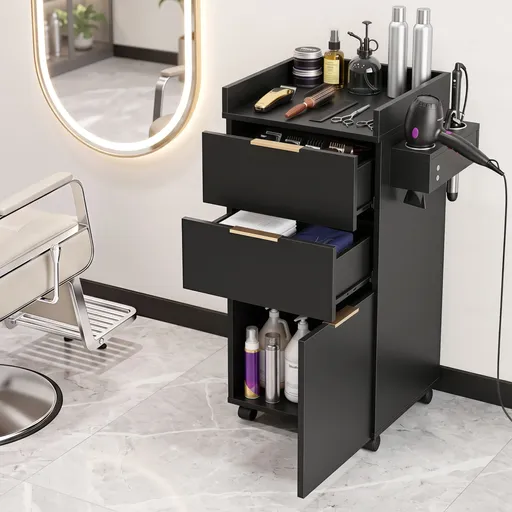 Artiss Professional Salon Station Rolling Cart, Hair Styling Beauty Cabinet with 2 Drawers, Large Supply Cabinet & 3 Appliance Holders, Wood Barber Spa Trolley with 360° Wheels for Skincare & Vanity, Black
