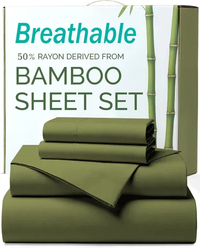4 Piece Ultra Soft Bamboo Breathable Sheet Set -Hotel 2000TC Breathable Bed Sheets Set with 40 Centimetre Deep Pocket-Breathable Sheets for Hot Sleepers(Olive green,Super King)
