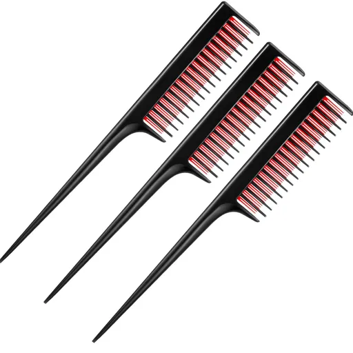 Tool Structure Rattail Comb, Rat Tail Comb for Back Combing Root Teasing, Adding Volume, Evening Styling (Black and Red)3pes