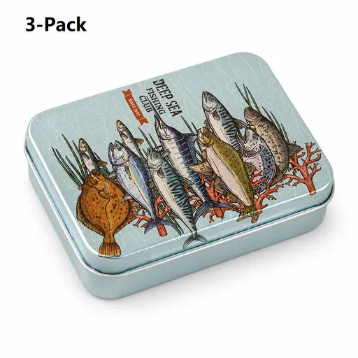 3-Pack Deep-sea fish patterns Portable Metal Storage Box for Cotton Swabs and Coins – Compact and Portable (95x70mm), Durable Storage Accessory