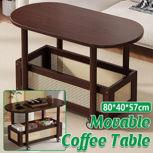 Movable Coffee Table with Wheels Side Table Storage Shelf Living Room