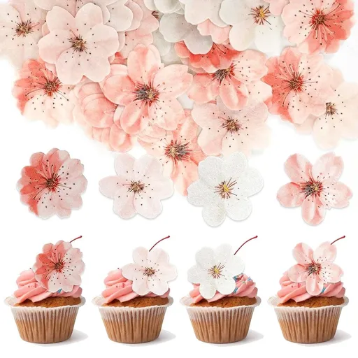 60Pcs Cherry Blossoms Cupcake Toppers, 1.5" Paper Flowers Cupcake Topper, Cherry Blossom Cake Decoration for Birthday Party Wedding Dessert Decoration Supplies