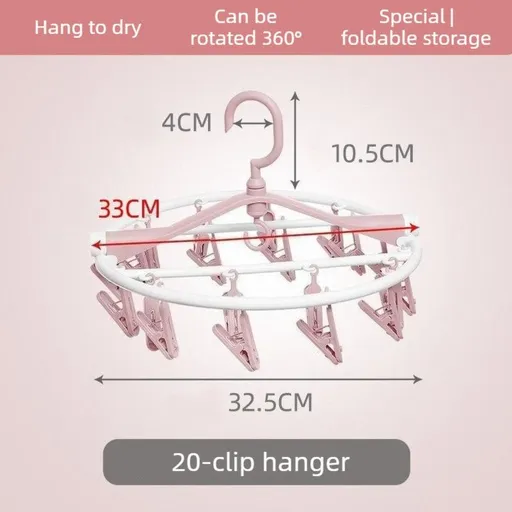Folding Clothes Hanger with 20 Clips, Foldable Multi-clip Hanger, Underwear and Socks Drying Rack—Pink
