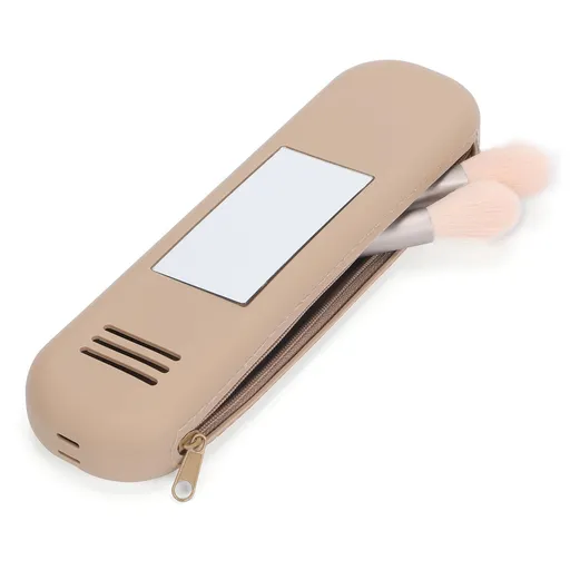 Travel Makeup Brush Holder with Mirror, Upgrade Anti-Fall Out Zipper Closure Silicone Makeup Brush Organizer, (Khaki)