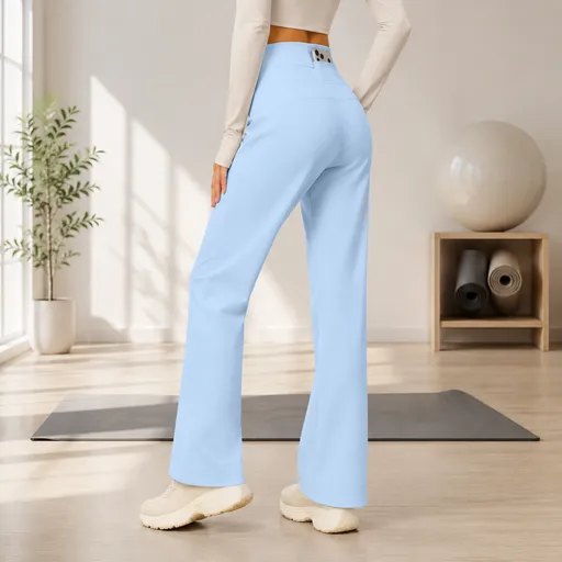 Women's High Waist Yoga Pants (XL size)- Blue Loose Straight Leg Full Length Trousers with Rear Waist Pocket for Pilates, Studio Workouts, Lounging and Casual Wear