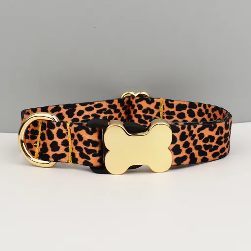 S Leopard Print Boho Patterned Dog Collar with Gold Metal Bone Buckle Adjustable Tribal & Leopard Print Neck Strap for Puppies & Dogs