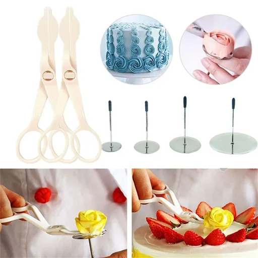 5-Piece Cake Flower Nail and Scissor Lifter Set Stainless Steel and Plastic Fondant Cream Transfer Tools for Baking Cake Decoration for Birthdays and Holiday Parties