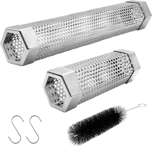 Pellet Smoker Tube Set, 6" & 12" Stainless Steel BBQ Wood Smoker Tube with Brush and 2 Hooks for 2.5hrs/5hrs of Billowing Cold/Hot Smoking for All Grills or Smokers, Smoking Cheese Beef Nuts Fish
