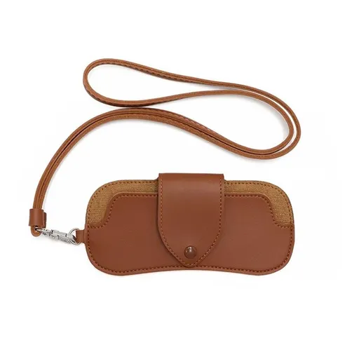 PU leather myopia glasses case, neck hanging sunglasses storage bag, portable pressure resistant thick leather glasses bag(Brown)