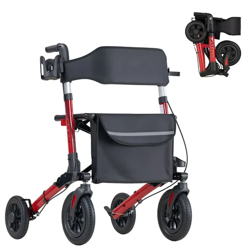 Rollator Walker with Seat for Seniors, Ultra Compact 3-Fold Rolling Walker, Lightweight Aluminum Mobility Walking Aid with PU Solid Wheels, Adjustable Handle, Cup & Cane Holder - Supports 136kg