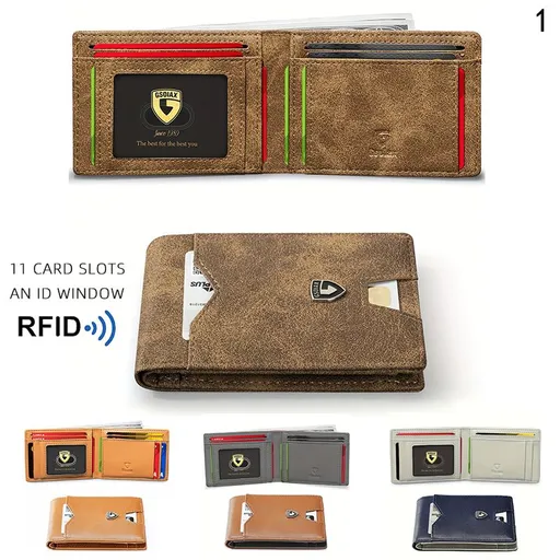 Vintage Brown Men's RFID Bifold Wallet - Microfibre Leather Slim Money Clip with 11 Card Slots, ID Window and Cash Storage