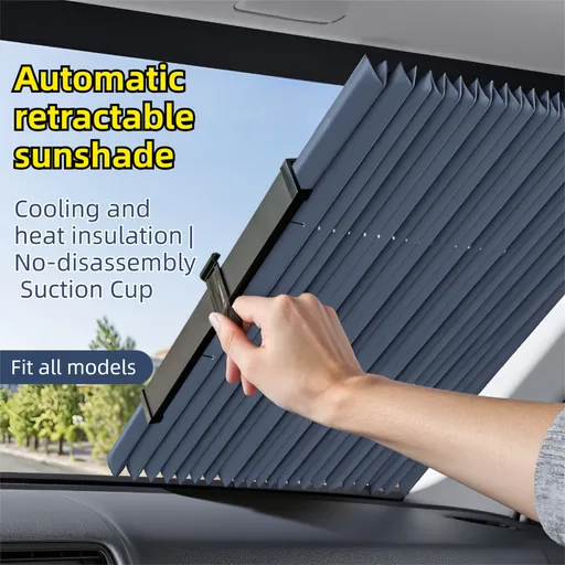 Retractable Car Windscreen Sun Shade with Suction Cup - Auto Roll Up Heat Reflective Aluminium Film Curtain, Cut to Fit for Universal Vehicles 65 x 130 / 150 cm