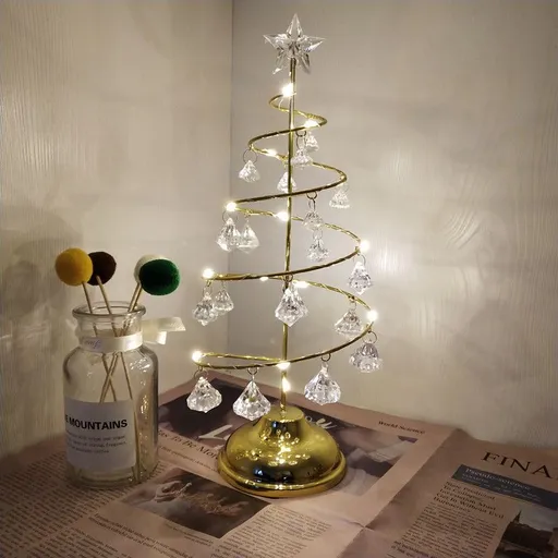 Gold Iron Spiral Crystal Christmas Tree Lamp - Elegant Battery Operated Tabletop Night Light & Ambient Accent LED for Bedroom, Living Room, Birthday & Holiday Decor