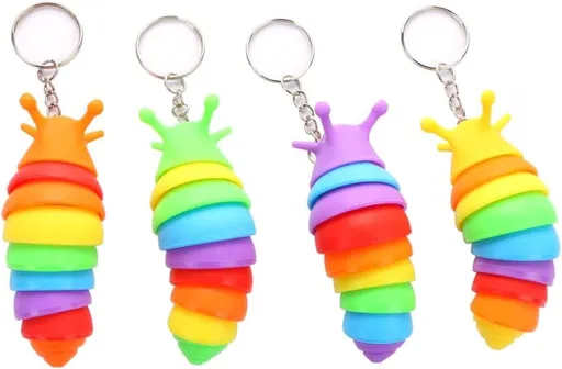 4 PCS Mini Fidget Slug Key-Chain Toys,3D Articulated Stretch Caterpillar Sensory Flexible Hand Toy, Ideal Party Favor Colorful Office Desk Pet Toys(Random Color)