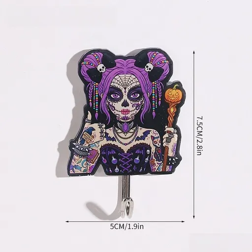 10-pack Halloween Themed Acrylic Wall Hooks（Purple-haired girl pattern） - Self Adhesive Iron Art Hanger for Keys Bags, Spooky Pumpkin Decor for Entryway and Party