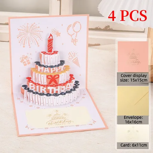 4-Pack - Classic Color Clashes Cake 3D Pop-Up Birthday Cards, Papercut Foldable Greeting Gift Cards - Pink