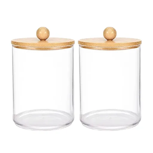 2 Pack Holder Dispenser with Bamboo Lids - 10 oz Clear Plastic Apothecary Jar Containers for Vanity Makeup Organizer Storage - Bathroom Accessories Set for Cotton Swab, Ball, Pads, Flo