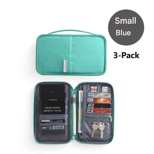 3-pack Small size Blue Travel Document Organiser - Waterproof Oxford Cloth Passport Holder With Multi-Pocket Storage - Portable Card And Cash Wallet For Holidays