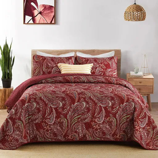 Red Paisley Garden Bedspread Coverlet 3 Piece Set