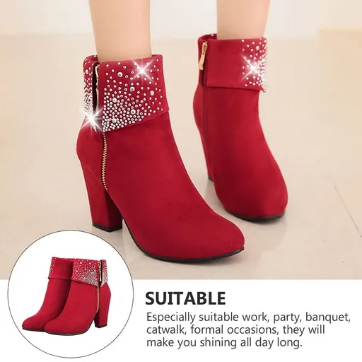 1 Pair Red Women Ankle Boots With High Heel And Side Zipper Pu And Rubber Material Elegant Style For Work