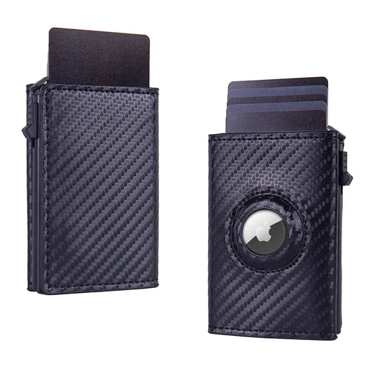 RFID Blocking Pop-Up Card Wallet with AirTag Holder - Carbon Fiber Texture Aluminum Smart Wallet - Automatic Slider Mechanism with Cash Compartment - Black (AirTag Not Included)
