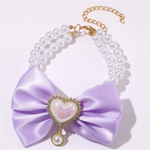 2 - PCS Cute Pet Pearl Necklace Collar with Purple Bow and Heart Charm - Size L
